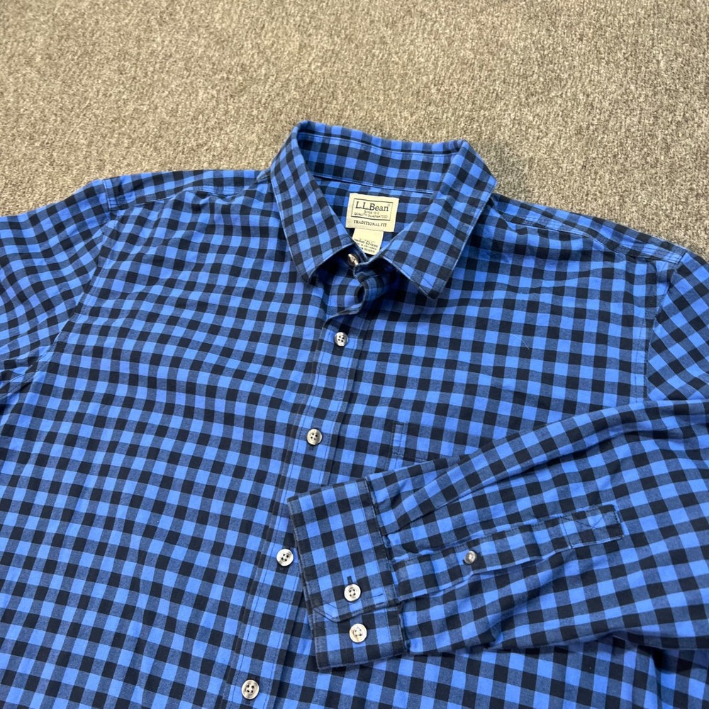 LL Bean Mens Blue Black Gingham Cotton Button Down Shirt L Tall 521030